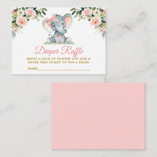 Rosa Flora Elefant Bow Diaper Raffle Dusche Begleitkarte (Vorne/Hinten)