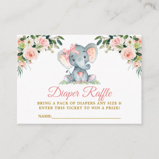 Rosa Flora Elefant Bow Diaper Raffle Dusche Begleitkarte (Vorderseite)