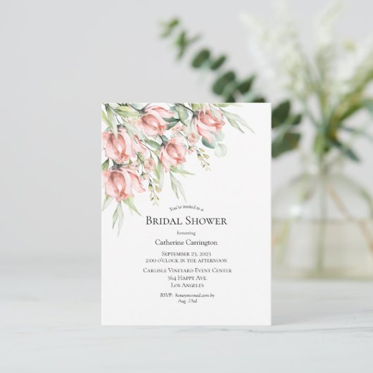 Rosa Flora Elegant Brautdusche Einladung Postkarte (Stehend Vorderseite)