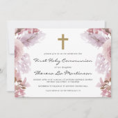 Rosa Flora mit Kreuzheiliges Kommunion Einladung (Vorderseite)