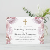 Rosa Flora mit Kreuzheiliges Kommunion Einladung (Stehend Vorderseite)