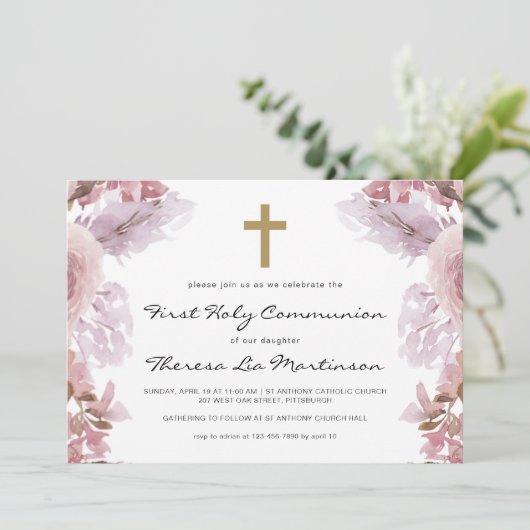 Rosa Flora mit Kreuzheiliges Kommunion Einladung (Stehend Vorderseite)