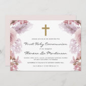 Rosa Flora mit Kreuzheiliges Kommunion Einladung (Vorne/Hinten)