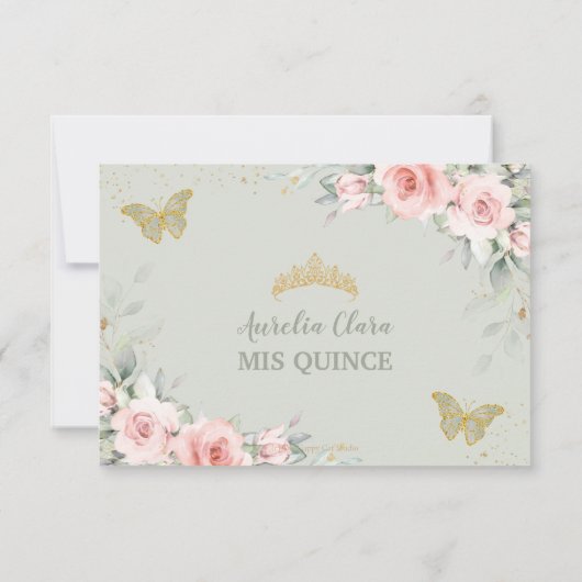 Rosa Flora Quinceañera Sage Grüne Schmetterlinge RSVP Karte (Rückseite)