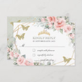 Rosa Flora Quinceañera Sage Grüne Schmetterlinge RSVP Karte (Vorne/Hinten)