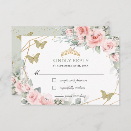 Rosa Flora Quinceañera Sage Grüne Schmetterlinge RSVP Karte (Vorne/Hinten)