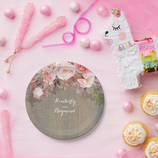 Rosa Flora Rustikale Holzlandschaft Hochzeit Pappteller (Party)