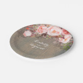 Rosa Flora Rustikale Holzlandschaft Hochzeit Pappteller (Schrägansicht)