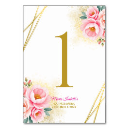 Rosa Flora und Gold Quinceańera Tischnummer