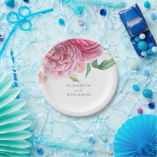 Rosa Flora Wasserfarben Elegante Botanische Hochze Pappteller (Party)