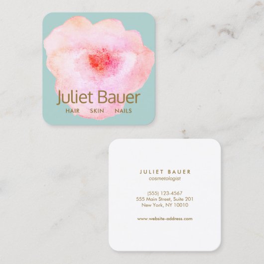 Rosa Flora Wasserfarben Schönheitssalon Platz Busi Quadratische Visitenkarte (Vorne/Hinten)