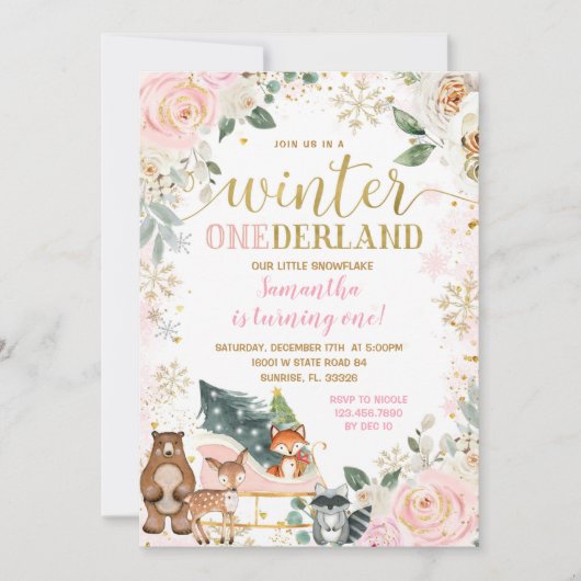 Rosa Flora Winter Snowflake Snowboardpass Einladung (Vorderseite)