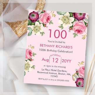Rosa Floral | 100. Budget Geburtstagseinladung