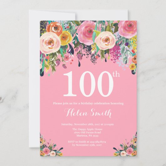 Rosa Floral 100. Geburtstag Einladung (Vorderseite)