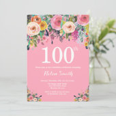 Rosa Floral 100. Geburtstag Einladung (Stehend Vorderseite)