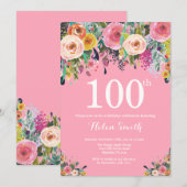 Rosa Floral 100. Geburtstag Einladung (Vorne/Hinten)