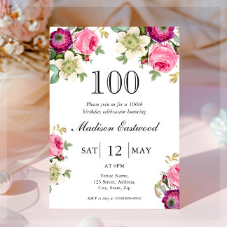 Rosa Floral 100. Geburtstag Einladung