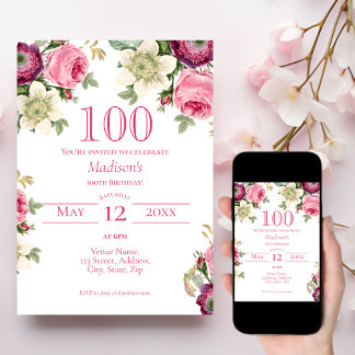 Rosa Floral 100. Geburtstag Einladung