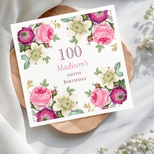 Rosa Floral 100. Geburtstag Serviette