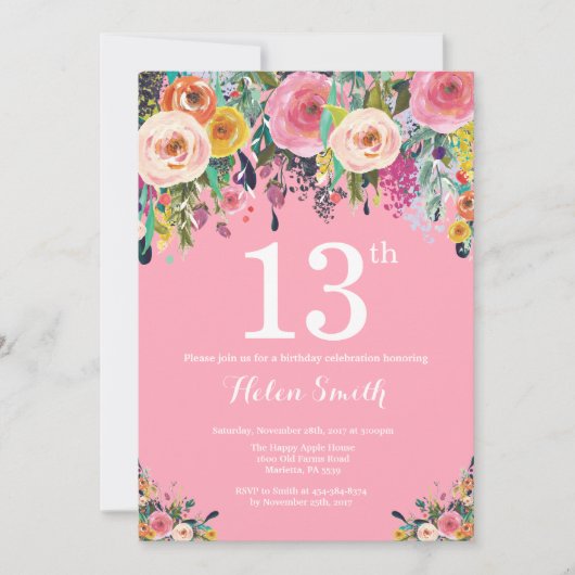 Rosa Floral 13. Geburtstag Einladung (Vorderseite)