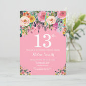 Rosa Floral 13. Geburtstag Einladung (Stehend Vorderseite)