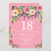 Rosa Floral 18. Geburtstag Einladung (Vorne/Hinten)