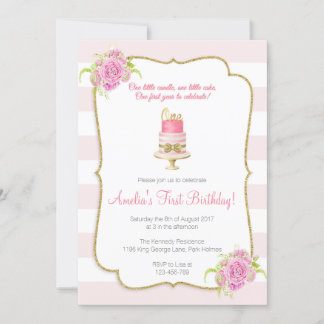 Rosa Floral 1. Geburtstag erste Einladung