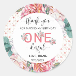 Rosa Floral 1. Geburtstag Runder Aufkleber