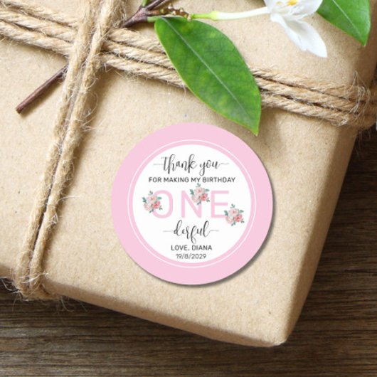 Rosa Floral 1. Geburtstag Runder Aufkleber