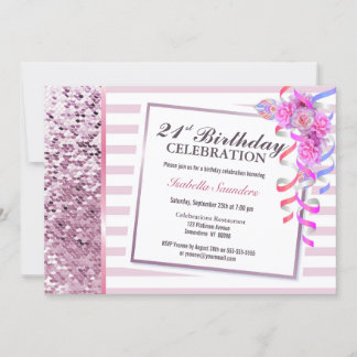 Rosa Floral 21. Geburtstag Party Einladung