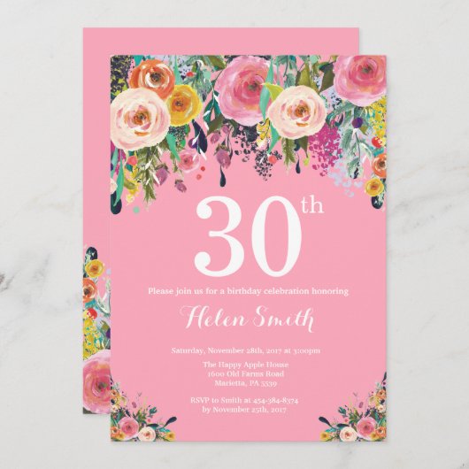 Rosa Floral 30. Geburtstag Einladung (Vorne/Hinten)