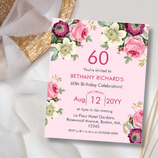 Rosa Floral | 60. Budget Geburtstag Einladung