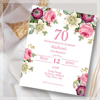 Rosa Floral | 70. Budget Geburtstagseinladung