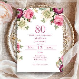 Rosa Floral | 80. Geburtstag Einladung