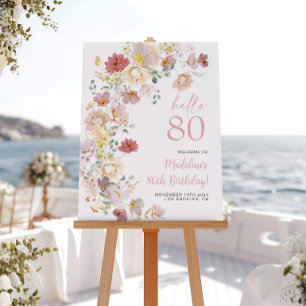 Rosa Floral 80. Geburtstags-Willkommensschild Poster