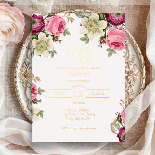 Rosa Floral   90. Geburtstag Gold Folieneinladung