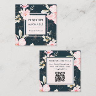 Rosa Floral auf Dunkelblauem QR-Code  Quadratische Visitenkarte
