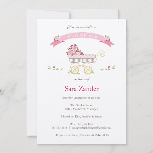Rosa Floral Baby Carriage Baby Shower Einladung (Vorderseite)