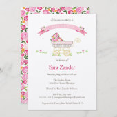 Rosa Floral Baby Carriage Baby Shower Einladung (Vorne/Hinten)
