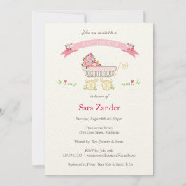 Rosa Floral Baby Carriage Baby Shower Einladung