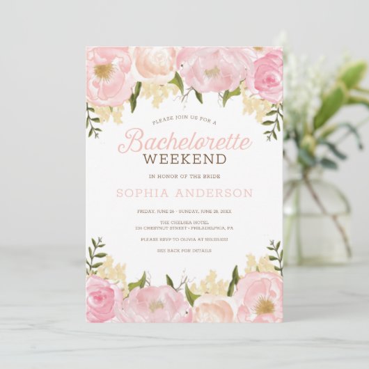 Rosa Floral Bachelorette Wochenende Ausflug Einladung (Stehend Vorderseite)