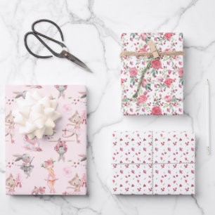 Rosa Floral Ballerina Bunny und Kitty Geschenkpapier Set