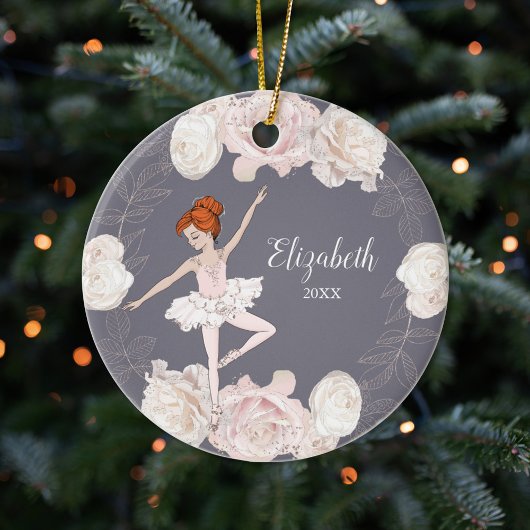Rosa Floral Ballerina Rotes Haar Personalisiert Keramik Ornament