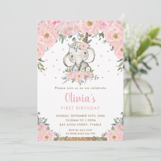 Rosa Floral Boho Tribal Elephant Girl 1. Geburtsta Einladung (Stehend Vorderseite)