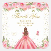 Rosa Floral Brown Hair Prinzessin Birthday Party Quadratischer Aufkleber (Vorderseite)