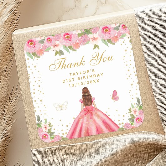Rosa Floral Brown Hair Prinzessin Birthday Party Quadratischer Aufkleber