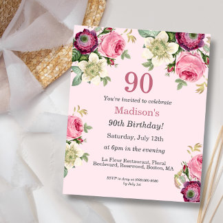 Rosa Floral | Budget 90. Geburtstag Einladung