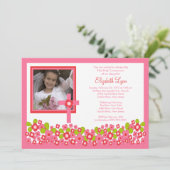 Rosa Floral Cross Foto Erste Kommunionik Einladung (Stehend Vorderseite)