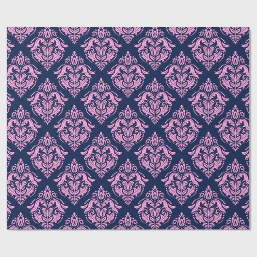Rosa Floral Damasks & Midnight Blue Hintergrund Geschenkpapier (Flach)
