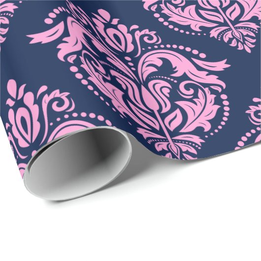 Rosa Floral Damasks & Midnight Blue Hintergrund Geschenkpapier (Rolleneckpunkt)